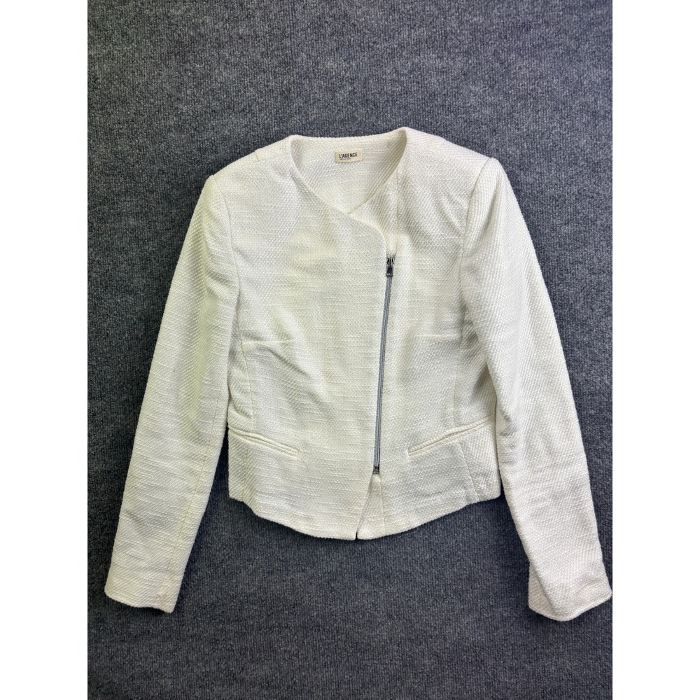 L'AGENCE Moto Jacket Womens 2 White Textured Tweed Asymmetrical Zip 1119FCO